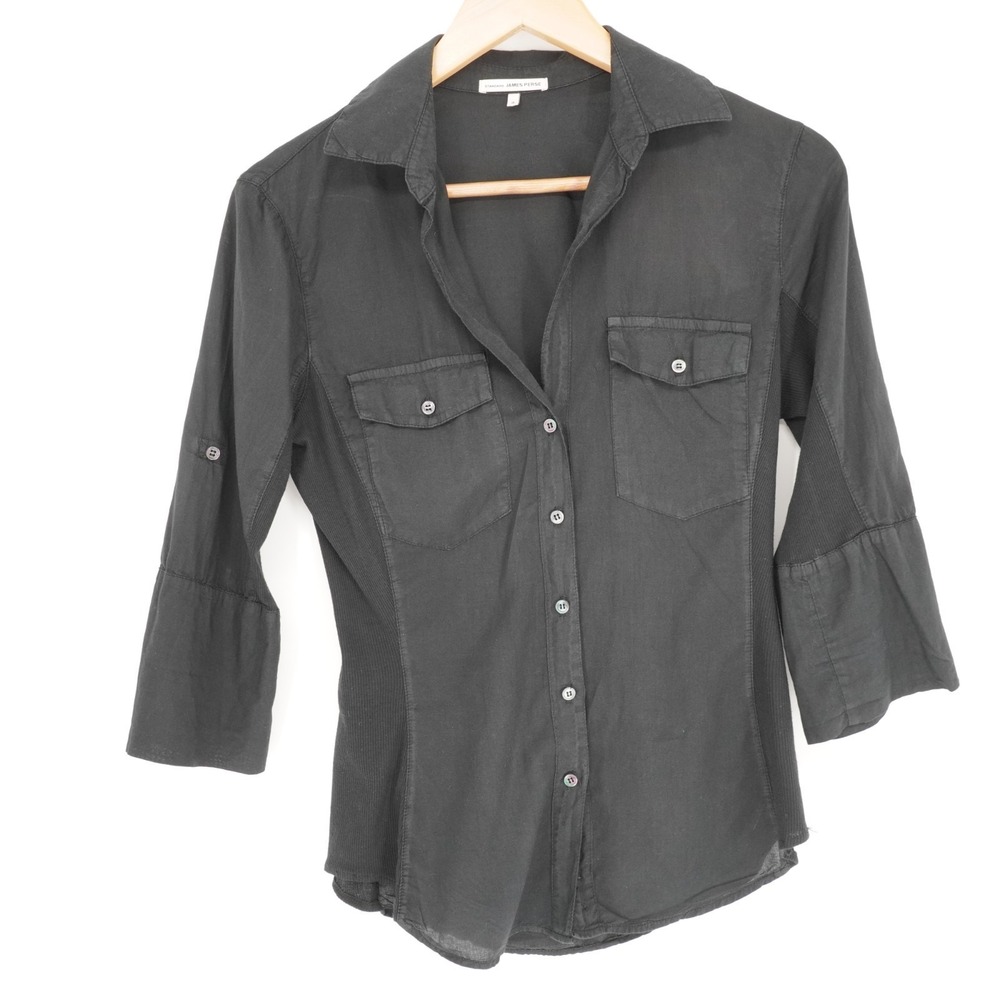 James Perse Button Up Womens M 2  Black Collared Roll Tab Cotton Casual Designer